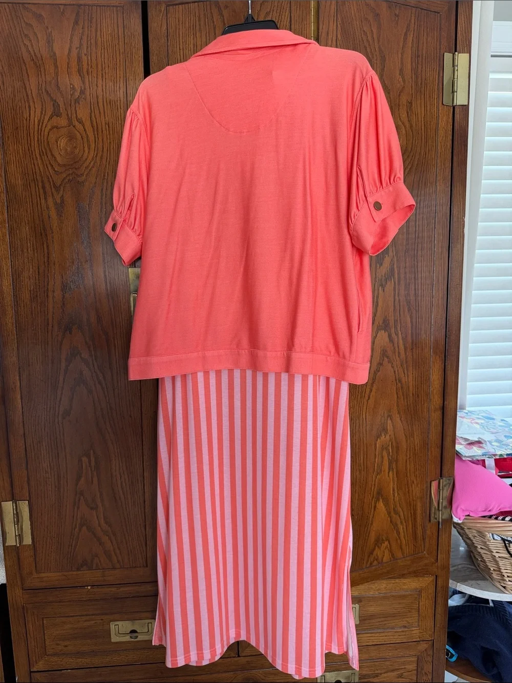 Muk Luks Coral and Pale Pink Striped Dress with Matching Coral Cardigan